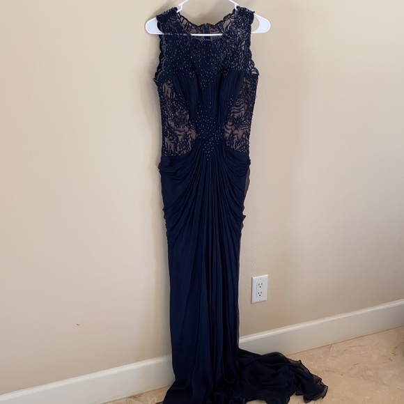 Tadashi Shoji Navy Silk Beaded Gown - Picture 2 of 11